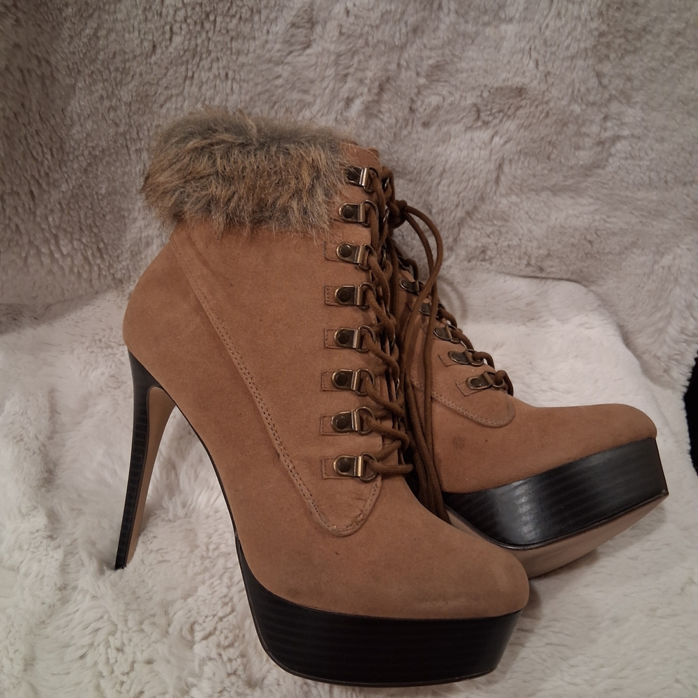 Shoe Dazzle Tan Fur-Trimmed Heeled Boots - Picture 2 of 6